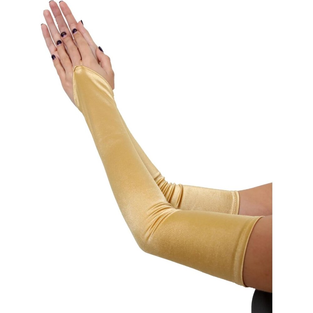 Women's Beautiful Gold Long Satin Finger Loop Gloves Bridal Part Prom
